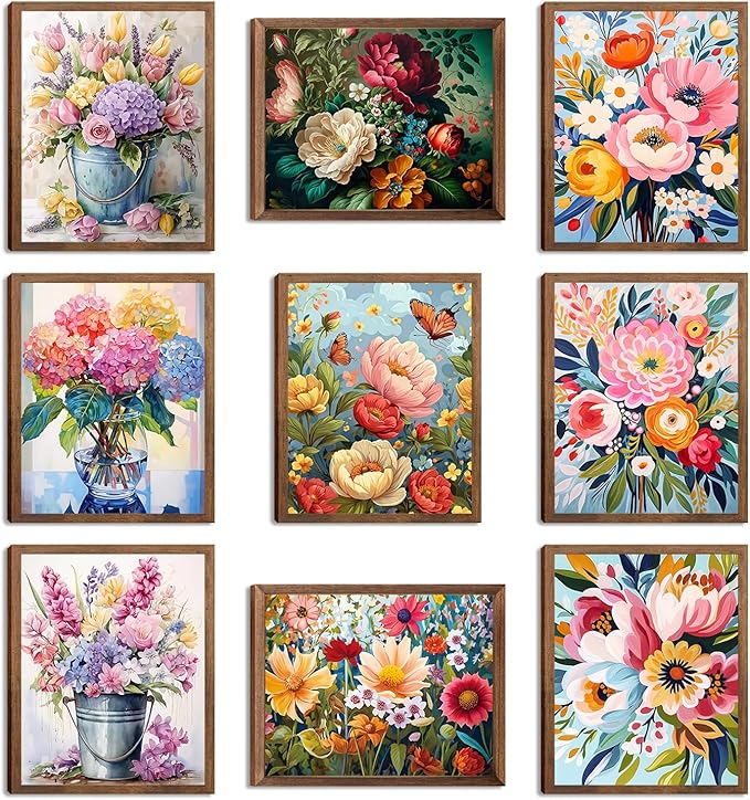 Flowers Market Posters Wall Art Paints Set of 9, Preppy Minimalist Canvas Decor Prints,Vintage Beautiful Flowers in Bucket Pictures for Bathroom Living Room Dorm Home Decor Gifts 8x10In Unframed