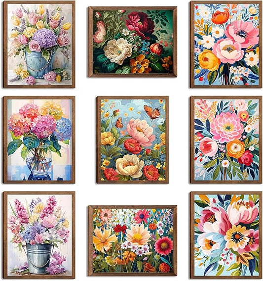 Flowers Market Posters Wall Art Paints Set of 9, Preppy Minimalist Canvas Decor Prints,Vintage Beautiful Flowers in Bucket Pictures for Bathroom Living Room Dorm Home Decor Gifts 8x10In Unframed