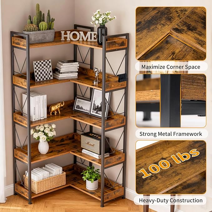 DUMOS 65 inch L Shaped Bookshelf, 5 Tier Corner Bookcase with Hooks and Edge, Industrial Pantry Shelves with Metal Frame, Wooden Open Storage for Living Room, Home Office, Bedroom, Rustic Brown