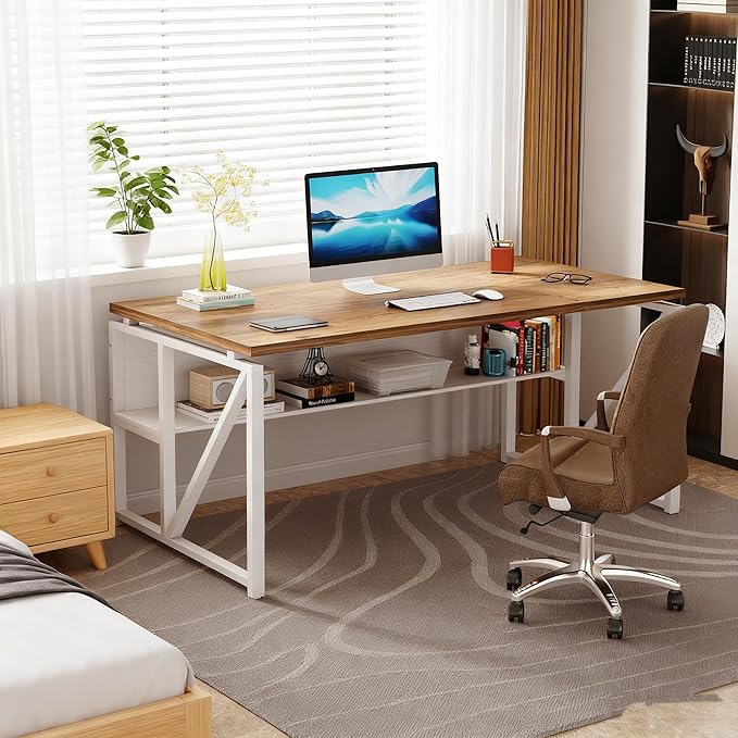 Tribesigns 63 inches Computer Desk with Bottom Storage Shelf Home Office Desk Writing Table for Workstation,Dark Walnut + Steel Leg， Cabinet not Included (Light Walnut, 63-inch-with Shelf)