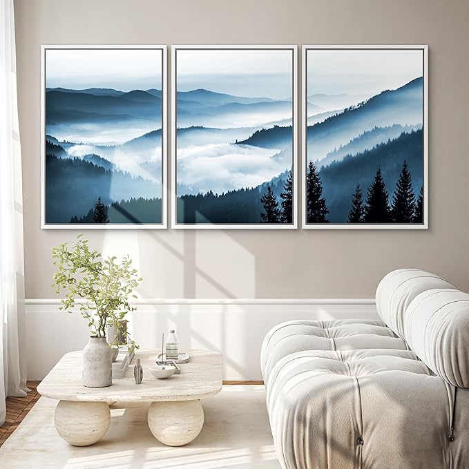 SIGNWIN Framed Canvas Print Wall Art Set Misty Blue Duotone Mountain Range Forest Nature Wilderness Photography Modern Decorative Colorful Rustic for Living Room, Bedroom, Office - 24"x36"x3 White