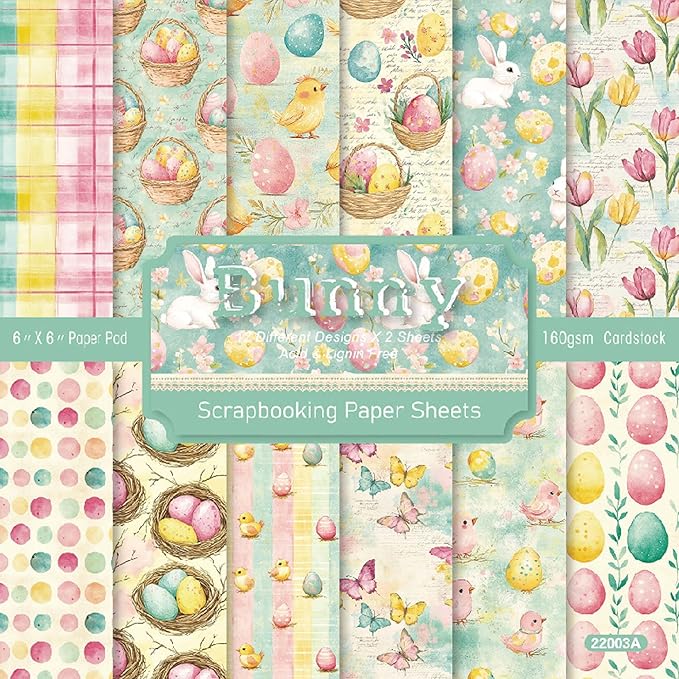 24 Sheets Easter Cardstock Watercolor Egg Rabbit Pattern Scrapbook Paper Pad 6 x 6 Single-Sided for Junk Journal Card Making Origami Handmade DIY Gifts Decor - 12 Designs