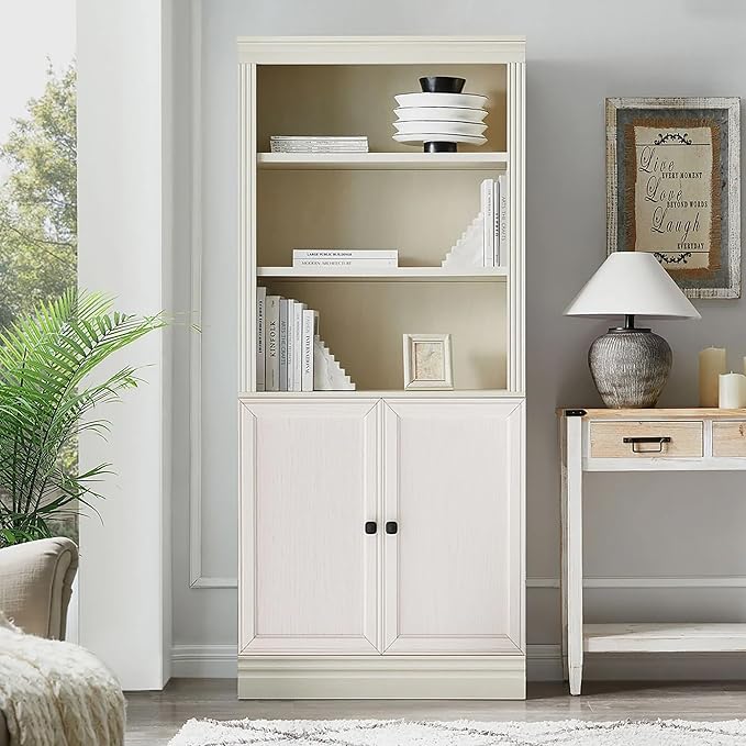 JAHRSTIM Halston Standard with Doors Bookshelves and Bookcase Floor Standing 5 Tier Adjustable Shelves Organizer and Storage, 72in Tall Bookshelf for Home Office, Living Room, Bed Room, Kitchen, Cream