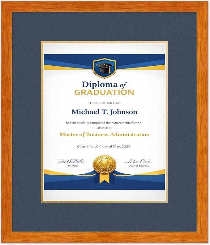 Diploma Frame Honey Oak with Navy Blue Over Gold Double Mat - Fits 11 x 14 College Diploma (Portrait) Wall Display Made in the USA