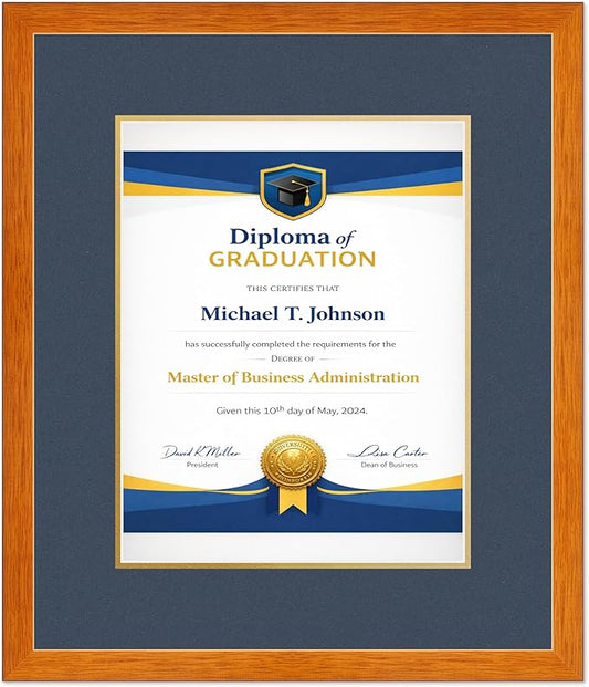 Diploma Frame Honey Oak with Navy Blue Over Gold Double Mat - Fits 11 x 14 College Diploma (Portrait) Wall Display Made in the USA