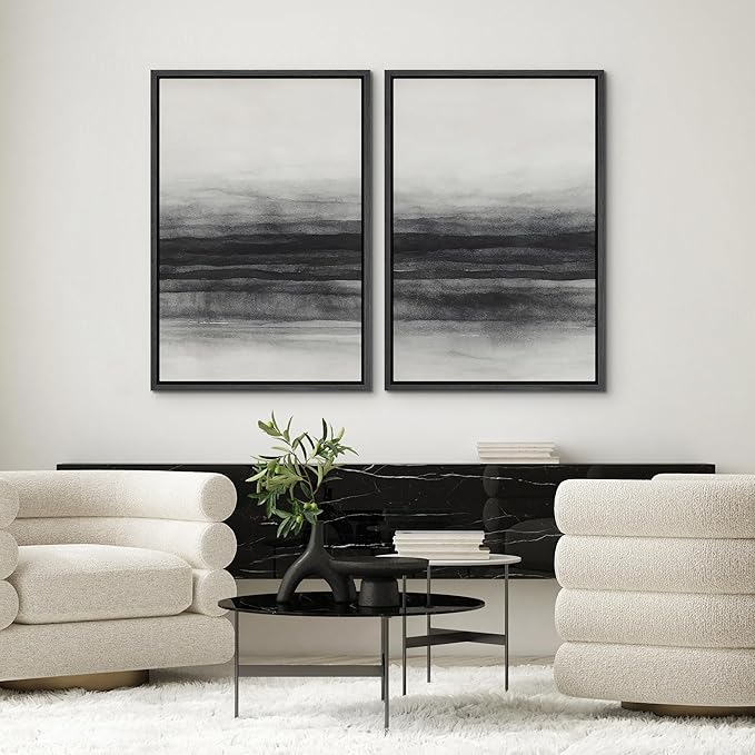 SIGNWIN Framed Canvas Print Wall Art Set Black and Gray Abstract Horizon Modern Minimalist Neutral Illustrations Modern Art Decorative Multicolor for Living Room, Bedroom, Office - 24"x36"x2 Black