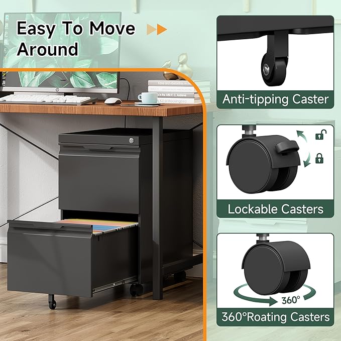 2 Drawer Metal Rolling File Cabinet with Lock, Under Desk Mobile Filing Cabinet for Home Office, Printer Stand with Casters Fits A4/Letter/Legal Size Documents, Black