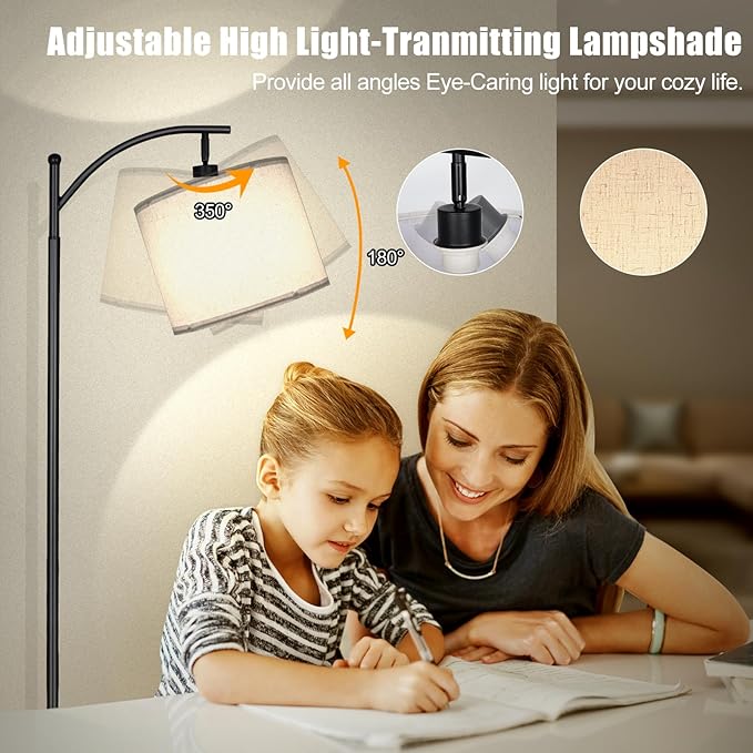 LED Floor Lamps for Living Room, 12W 1200LM Modern Arc Floor Lamp with Remote & Adjustable Linen Lampshade, 12 Color Temperature Stepless Dimmable Tall Standing Lamp (Beige Shade)