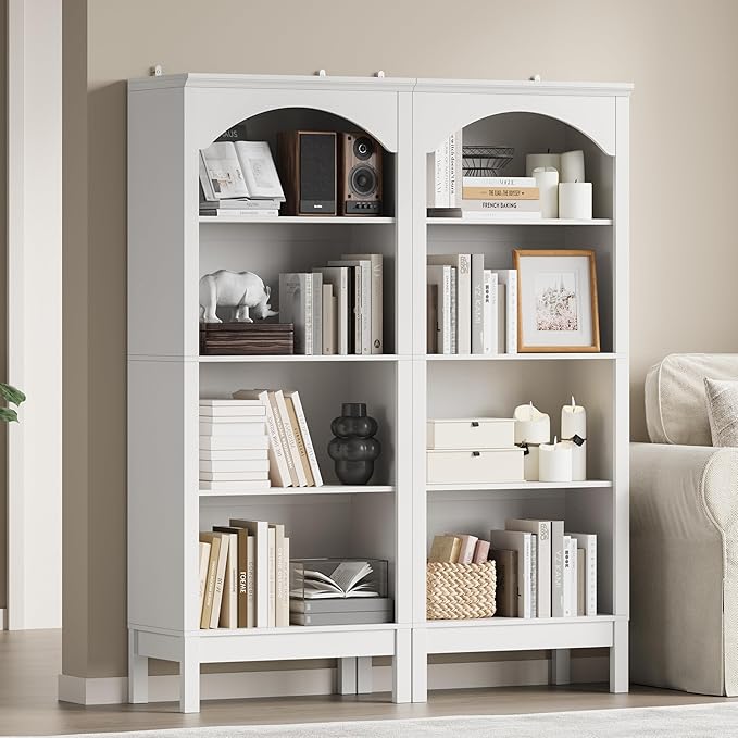 Arched Bookshelf with 4 Tier Open Shelves, 56" Tall Wood Bookcase with Adjustable Shelves, 24" Wide Floor Standing Display Storage Shelf for Home Office, Kitchen, Study and Living Room, Modern White
