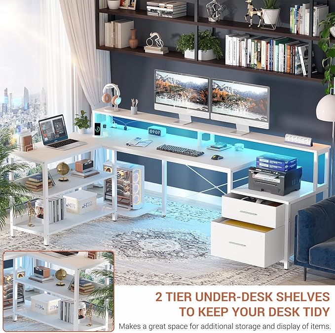 Aheaplus L Shaped Desk with File Drawer, 72.8" Reversible L Shaped Computer Desk with Power Outlet & LED Strip, Gaming Desk with Long Monitor Stand, Office Desk Corner Desk with Storage Shelf, White