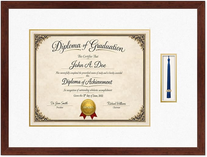 Diploma Frame with Tassel Holder Rustic Walnut Shadowbox Oyster Shell Over Gold Mat - Fits 15 x 12 Degree Made in the USA