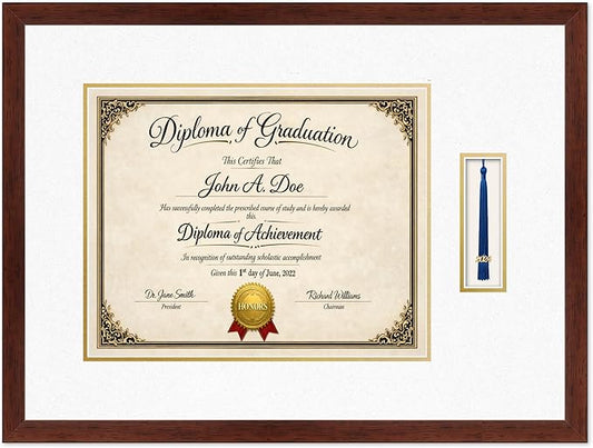 Diploma Frame with Tassel Holder Rustic Walnut Shadowbox Oyster Shell Over Gold Mat - Fits 15 x 12 Degree Made in the USA