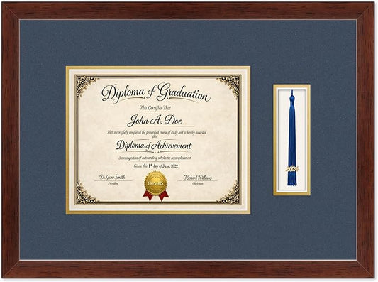 Diploma Frame with Tassel Holder Rustic Walnut Shadowbox Navy Blue Over Gold Mat - Fits 10 x 8 Degree Made in the USA