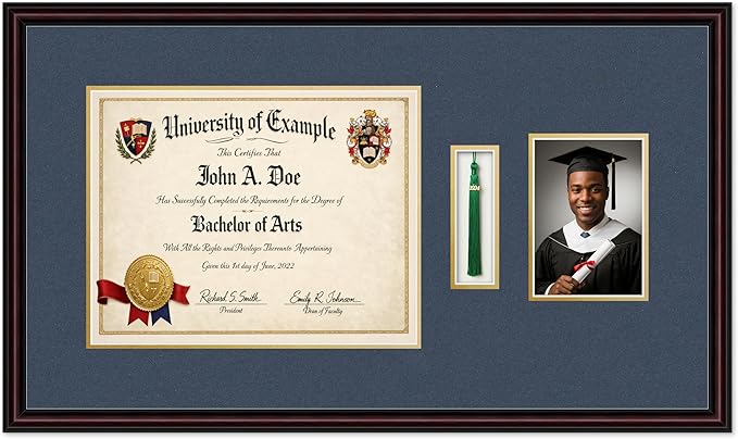 Diploma Tassel and Photo Shadowbox Fits 14 x 11 College Diploma (Modern) with Tasse Executive Brown Genuine Hardwood with Navy Blue Over Metallic Gold Double mat