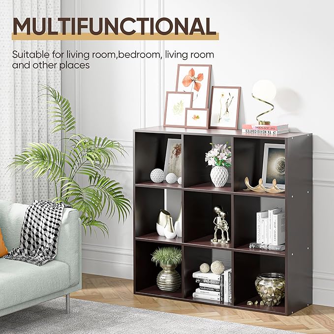 SUPER DEAL 9 Cube Storage Organizer, 3 Tier Bookshelf Open Shelf Display Rack with 5 Removable Back Panels Wood Bookshelf System for Home, Office, Bedroom, Living Room, Dark Brown