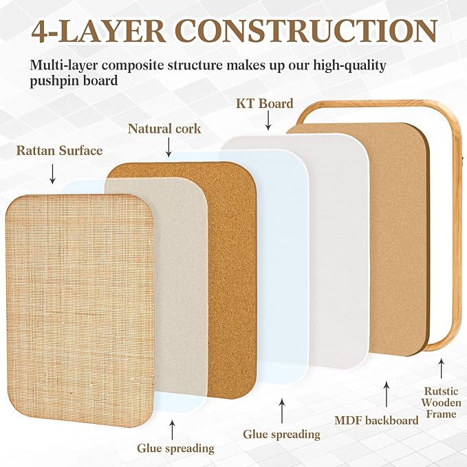 Vintage Framed Pin Board Linen Display Bulletin Board Large Cork Fabric Picture Photo Pinboard Memo Ornate Decorative Pinboard Ornate for Wall Gift(Rectangle,20'' X 26'',Natural Rattan)