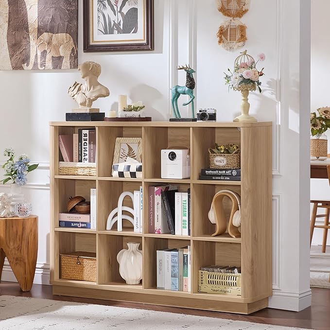 12 Cube Storage Organizer, 41" Large Bookshelf with Curved Edge, Wood Floor Standing 3-Tier Cubby Bookcase with Base, Rustic Display Storage Cabinet for Living Room, Home Office, Natural Oak