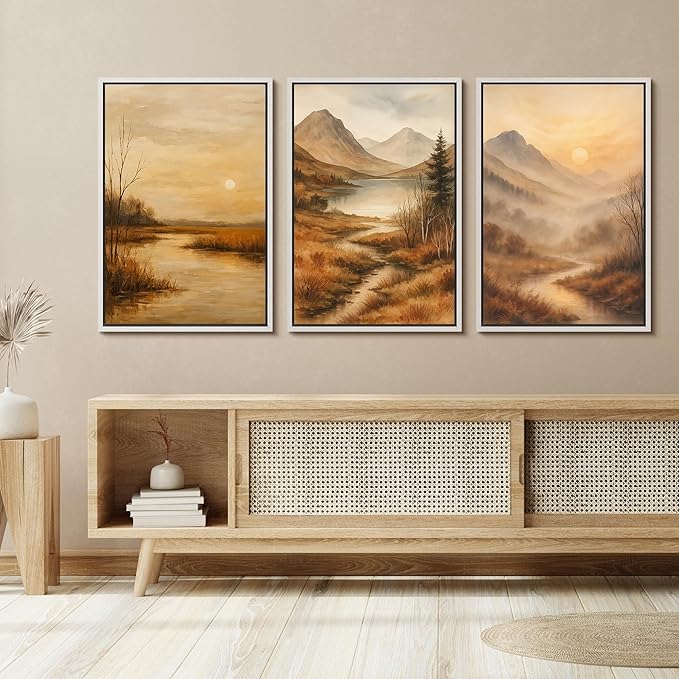 SIGNFORD Framed Wall Art Print Set Golden Hour Mountain River Serene Nature Landscape Digital Art Modern Art Contemporary for Living Room, Bedroom, Office - 16"x24"x3 White