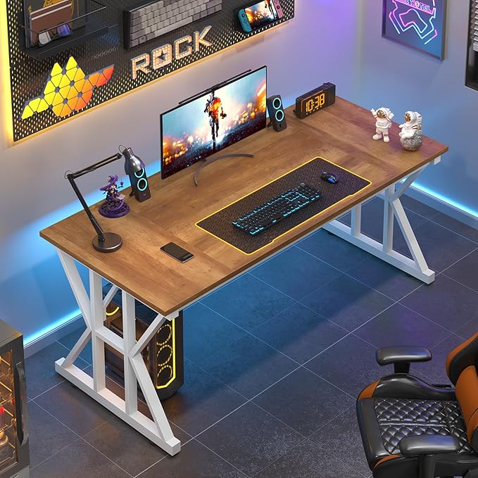 TVU Computer Desk, 55 inch Large Office Desk, Study Writing Table with Thicken Frame, Gaming Desk, Modern Simple Desk for Home Office, Brown