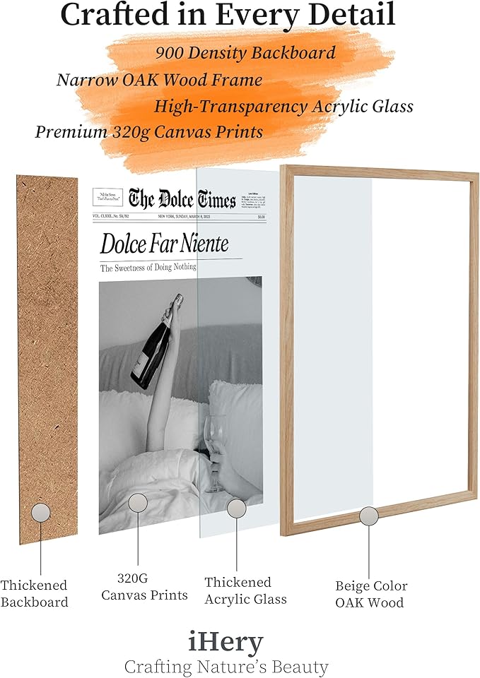 iHery Dolce Far Niente Framed Trendy NewsPaper Wall Art, Natural OAK Wood 12x16in Canvas Wall Art Bedroom,The Sweetness of Doing Nothing Print,La Dolce Vita Home Decor For Living Room Dorm 1Pack
