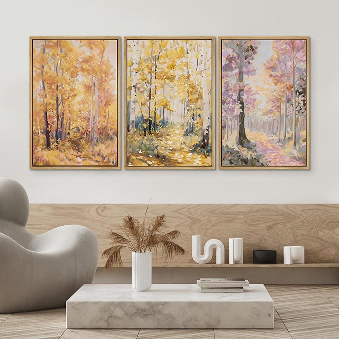 SIGNWIN Framed Canvas Print Wall Art Set Golden Autumn Forest Watercolor Woodland Path Illustrations Modern Art Decorative Abstract for Living Room, Bedroom, Office - 24"x36"x3 Natural