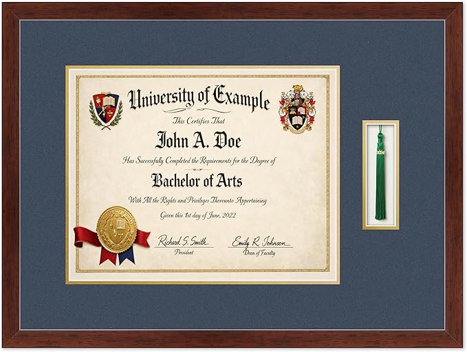 CountryArtHouse Diploma and Tassel Frame Fits 15 x 12 Military/Government with Tassel Hook Rustic Walnut Genuine Hardwood Shadowbox with Navy Blue Over Metallic Gold Double mat