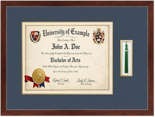 CountryArtHouse Diploma and Tassel Frame Fits 15 x 12 Military/Government with Tassel Hook Rustic Walnut Genuine Hardwood Shadowbox with Navy Blue Over Metallic Gold Double mat