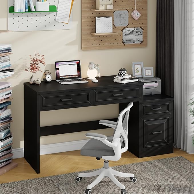 Vabches 61" Farmhouse Computer Desk with Storage and File Drawer, Executive Desks with Printer Stand, Rustic Large Home Writing Desk for Home Office.Black
