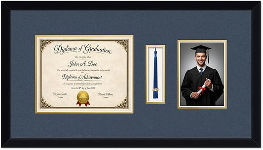 Diploma Tassel and Photo Frame Matte Black Shadowbox Navy Blue Over Gold Mat - Fits 10 x 8 Degree Picture Made in the USA