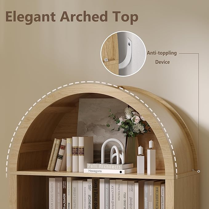 Tall Arched Bookshelf, 7-Tier Bookcase with 3 Adjustable Shelves, Modern Farmhouse Storage Shelf for Living Room, Entryway, Office, 29.5" W x 70.1" H x 13.8" D, Natural Oak