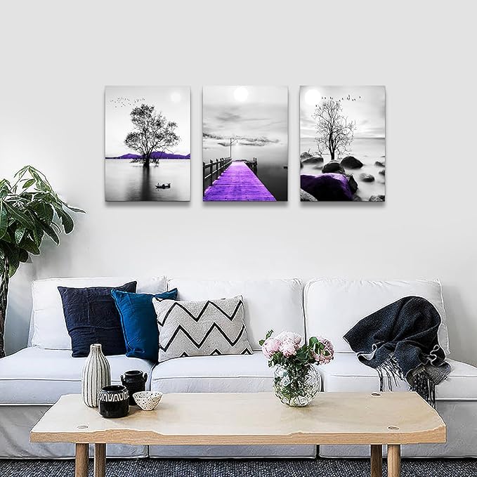 Lapremoly Purple Scenery Wall Pictures Canvas Wall Art For Bedroom Decorations For Living Room Modern Office Wall Decor Black And White Painting Artwork Room Home Decor 3 Piece Prints Art