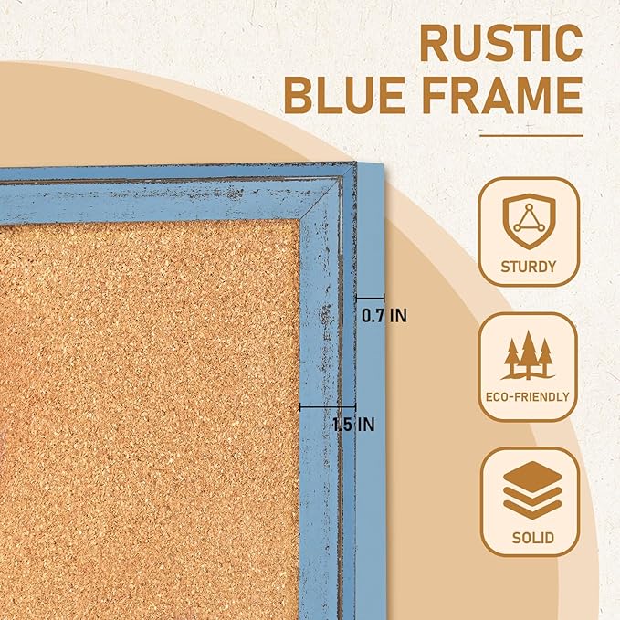 DOLLAR BOSS Cork Boards for Walls, 36 X 24 Inches Bulletin Board Decorative Hanging Pin Board Rustic Wooden Frame Vision Board Notice Board for Office Home Decor, Blue
