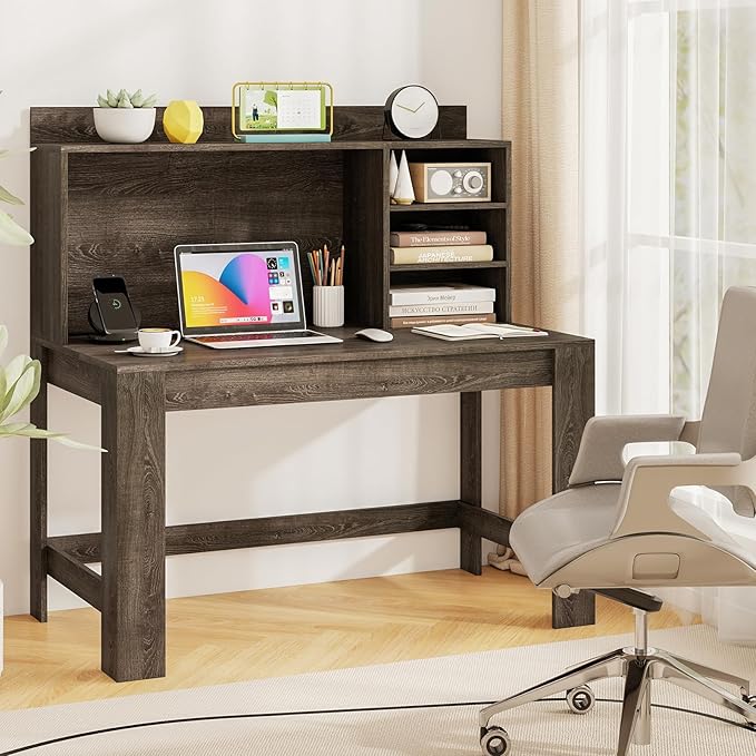 Tangkula Computer Desk with Hutch & Charging Station, Home Office Writing Study Desk with Storage Shelves, Cable Management Hole, Laptop Desk, Desk for Bedroom, Computer Workstation (Gray Oak)