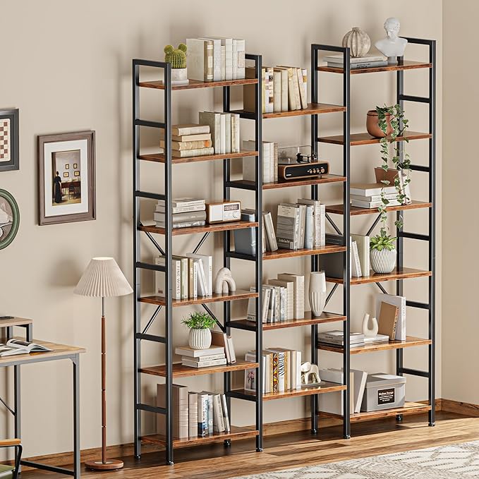 SUPERJARE Triple Bookshelf, Bookcase with 17 Open Display Shelves, Wide Book Shelf Book Case for Home & Office, 6 Tier, Brown