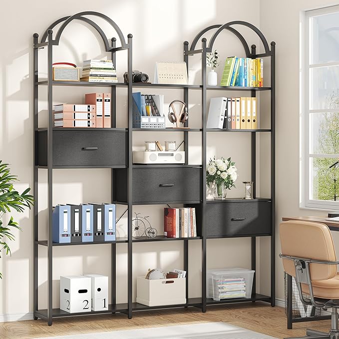Semoic 83.5" Tall Arched Bookshelf, Triple Wide 6-Tier Large Open Book Shelf with 3 Drawers Storage, Etagere Bookcase with Display Shelf, Industrial Bookshelf with Metal Frame for Living Room, Black