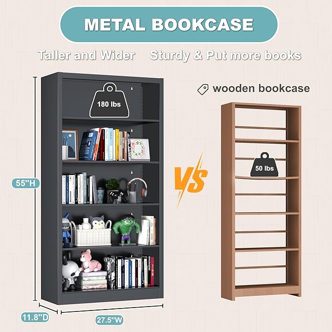 Bookcase,5 Tier Bookshelf,55" Tall Free Standing Metal Bookcase with Adjustable Storage Shelves,Wide Bookshelf for Bedroom Living Room Home Office School (Black)
