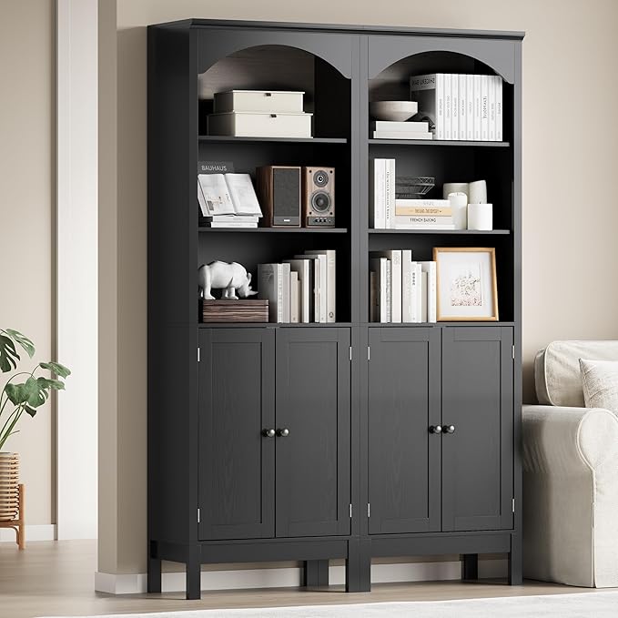 Bookshelf with Doors, 71" Tall Wood Book Shelf with Cabinet, 24" Wide Arched Bookcase with Adjustable Shelf, Floor Standing Display Storage Cabinet for Home Office, Study and Living Room, Modern Black