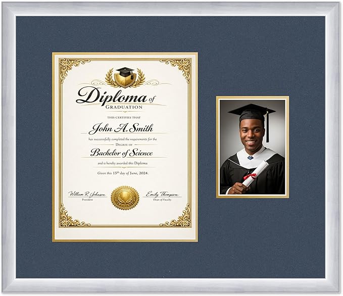 CountryArtHouse Fits 10 x 13 College Diploma (Portrait Traditional) and 5 Diploma and Photo Frame Stainless Silver Genuine Hardwood with Navy Blue Over Metallic Gold Double mat