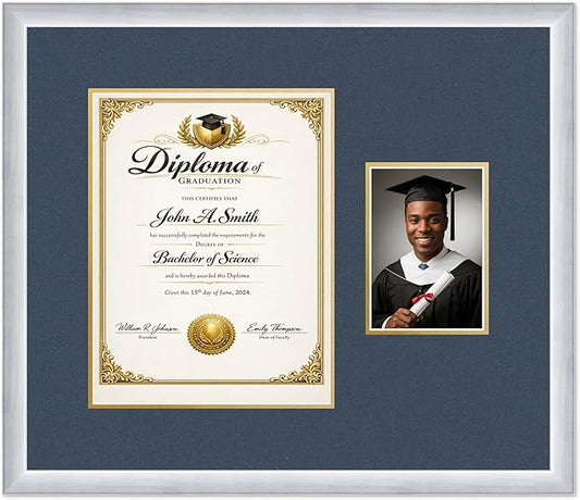 CountryArtHouse Fits 10 x 13 College Diploma (Portrait Traditional) and 5 Diploma and Photo Frame Stainless Silver Genuine Hardwood with Navy Blue Over Metallic Gold Double mat