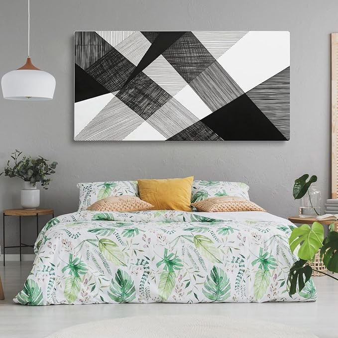 Geometric Abstract Framed Canvas Wall Art for Office, Black White Modern Wall Decor 48"L x 24"W