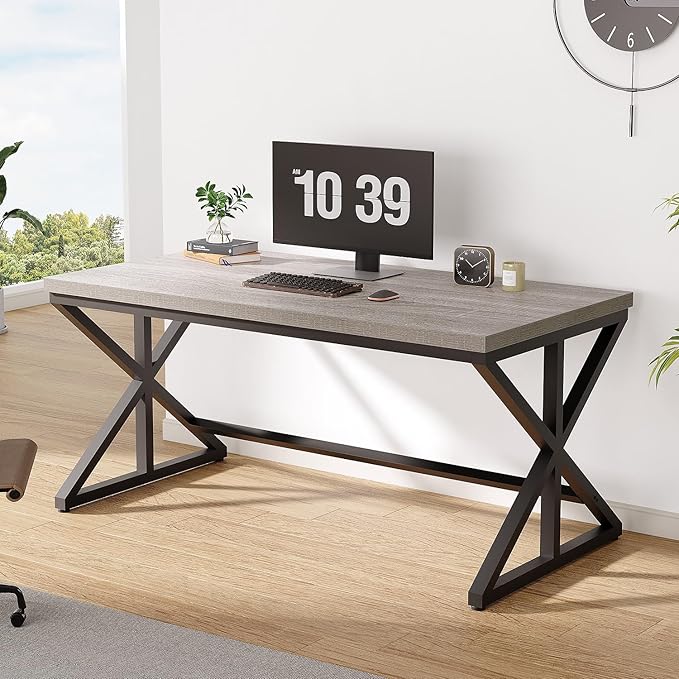 IBF Computer Desk, Industrial PC Laptop Office Desk, Farmhouse Gaming Desk with Spacious Desktop, Rustic Wood Metal Writing Study Work Table for Home Office Bedroom, 47 Inch, Grey Oak