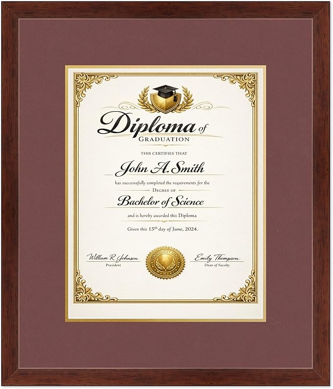 CountryArtHouse Diploma Frame Fits 11 x 14 College Diploma (Portrait) - Keepsake Graduation Display Rustic Walnut Genuine Hardwood with Dark Red Over Metallic Gold Double mat