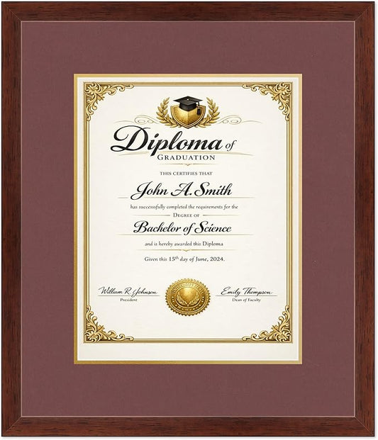 CountryArtHouse Diploma Frame Fits 11 x 14 College Diploma (Portrait) - Keepsake Graduation Display Rustic Walnut Genuine Hardwood with Dark Red Over Metallic Gold Double mat