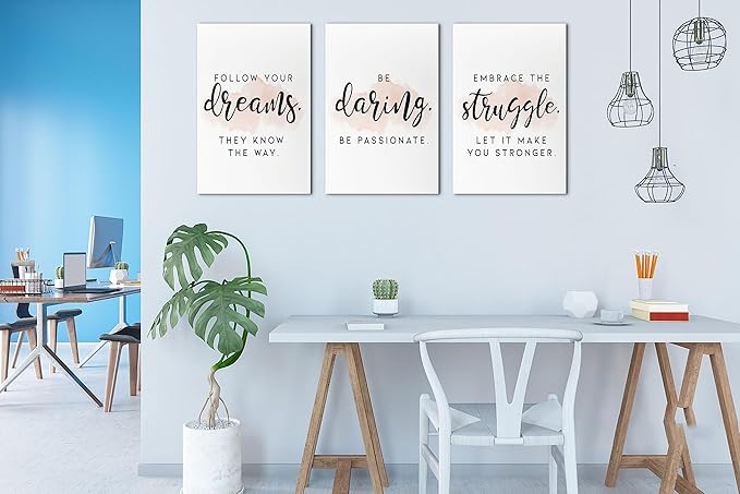 SHMAO Office Canvas Wall Art Motivational Wall Decor, 3 Piece Dreams Daring Struggle Print Pictures for Office Wall Decor Women Inspirational Framed Artwork Home Office Decor 16”x24”x3 Panels