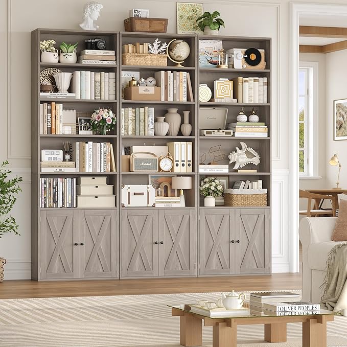FACBOTALL 82" Tall Bookcase and Book Shelf, 24" Wide Bookshelf with Doors, 7 Tier Bookcase with Storage and Adjustable Shelf, Open and Display Farmhouse Bookshelf for Living Room, Home Office, Gray