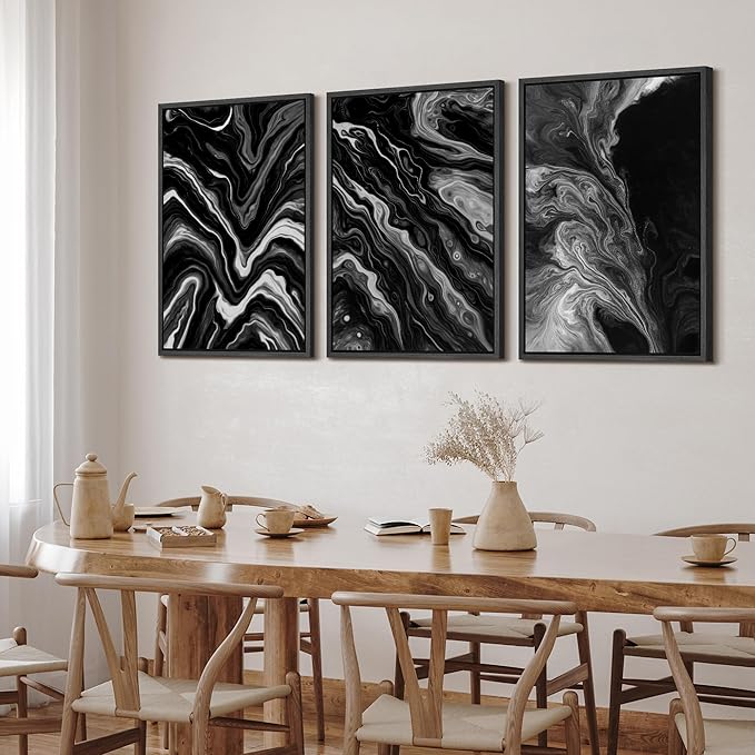 SIGNFORD Framed Wall Art Print Set Monochrome Swirl Abstract Contemporary Black and White Digital Art Modern Art Contemporary for Living Room, Bedroom, Office - 24"x36"x3 BLACK