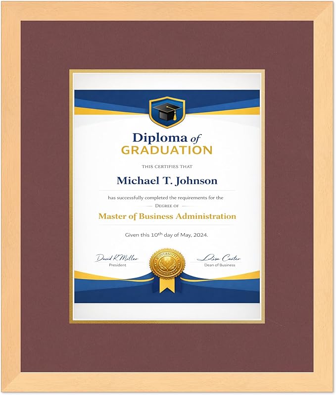 Diploma Frame Natural Wood with Dark Red Over Gold Double Mat - Fits 10 x 13 College Diploma (Portrait Traditional) Wall Display Made in the USA