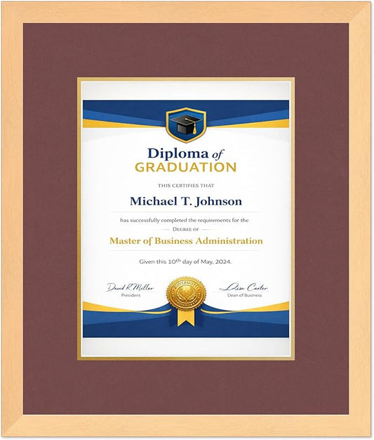 Diploma Frame Natural Wood with Dark Red Over Gold Double Mat - Fits 10 x 13 College Diploma (Portrait Traditional) Wall Display Made in the USA