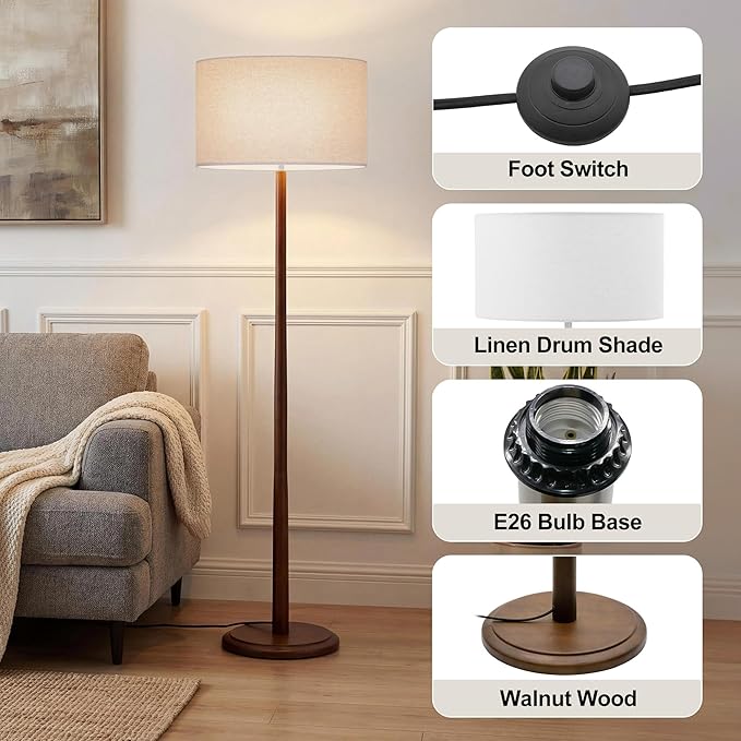 61" Rustic Walnut Wood Floor Lamp for Living Room, Retro Farmhouse Tall Lamp for Bedroom, Mid Century Standing Lamp with Linen Shade for Home Corner, Office, Dining Room, Bulb not Included, White