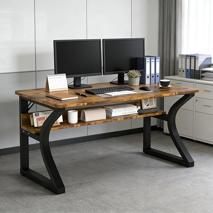 Oraspala﻿ Computer Desk 55 Inch Large Comouter Desk Home Office Desks with Storage Shelf Working Desk with Stable C-Shaped Legs Spacious Desktop for Home Office Gaming & Study (Brown, 55inch)